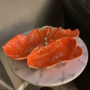 Vintage Orange Glazed Ceramic Divided Candy/Nut Dish Made in USA Pottery